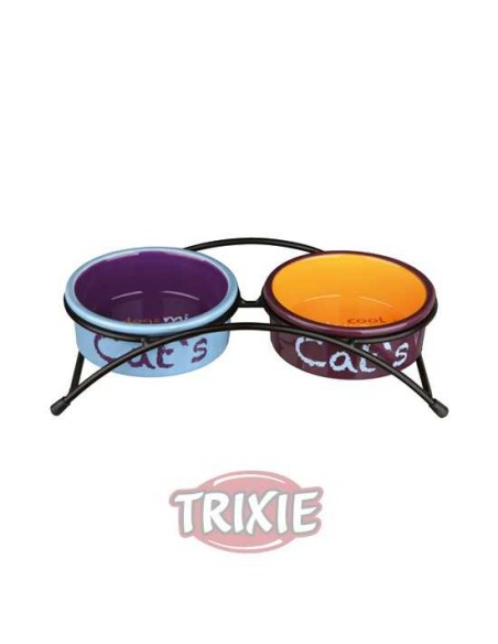 SET COMEDEROS CERÁMICA IMPRESOS CATS TRIXIE - AZUL / NARANJA / PÚRPURA