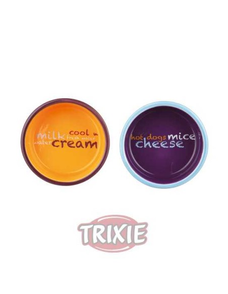 SET COMEDEROS CERÁMICA IMPRESOS CATS TRIXIE - AZUL / NARANJA / PÚRPURA