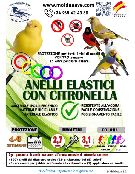 ANILLAS DE MARCAJE CON CITRONELA ANTIPARÁSITOS PARA CANARIOS 3,1 MM 100 UNIDADES MOLDES AVE - Ø3,1 MM